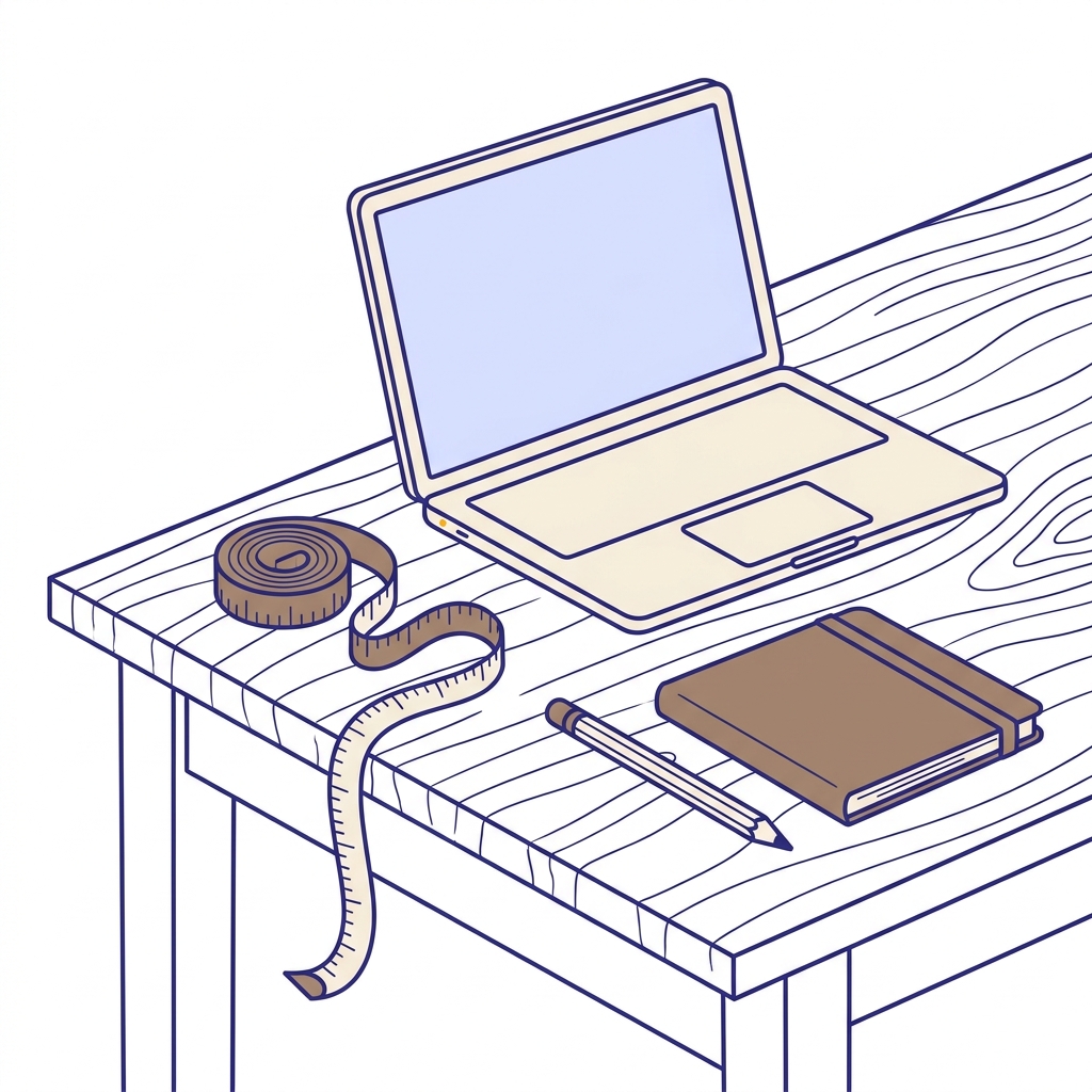 A laptop, surveyor's tape measure, and leather notepad on a wooden desk