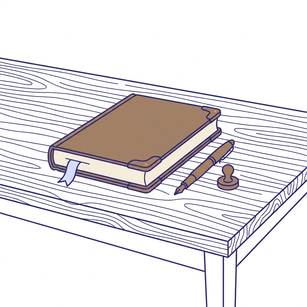 A leather-bound ledger with a ribbon marker, a fountain pen, and a brass signet stamp