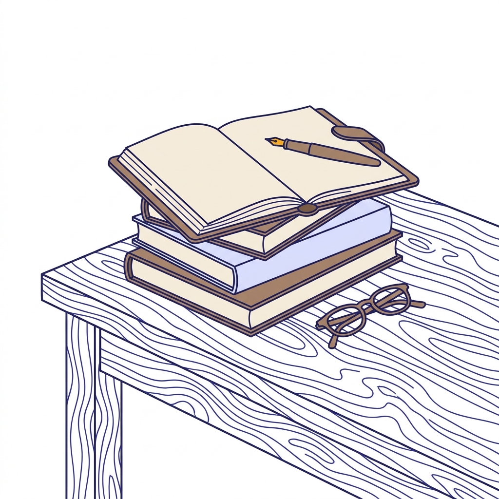 A stack of books with an open notepad, a fountain pen, and reading spectacles