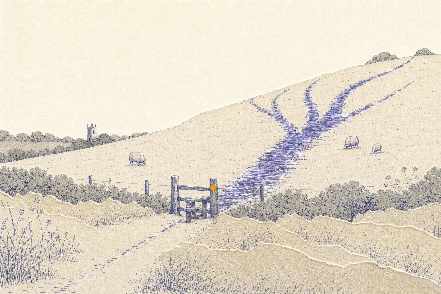 A downland field where a faint track crosses a stile and becomes a well-worn path climbing the hillside
