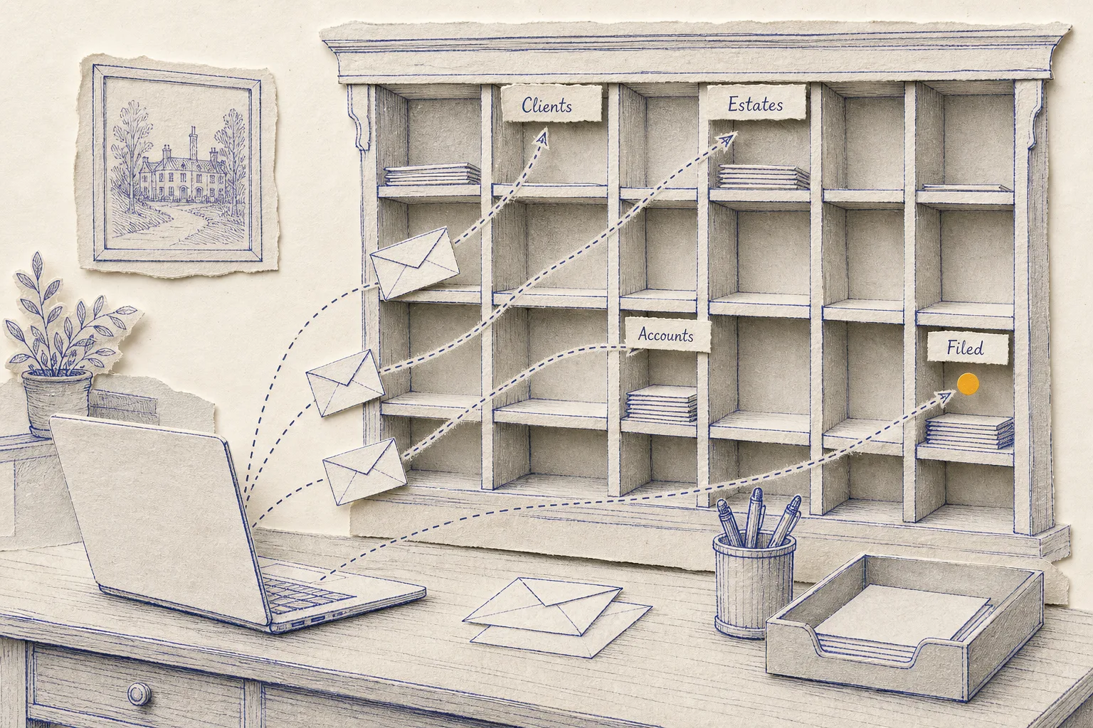 A collage of archive folders and filed correspondence